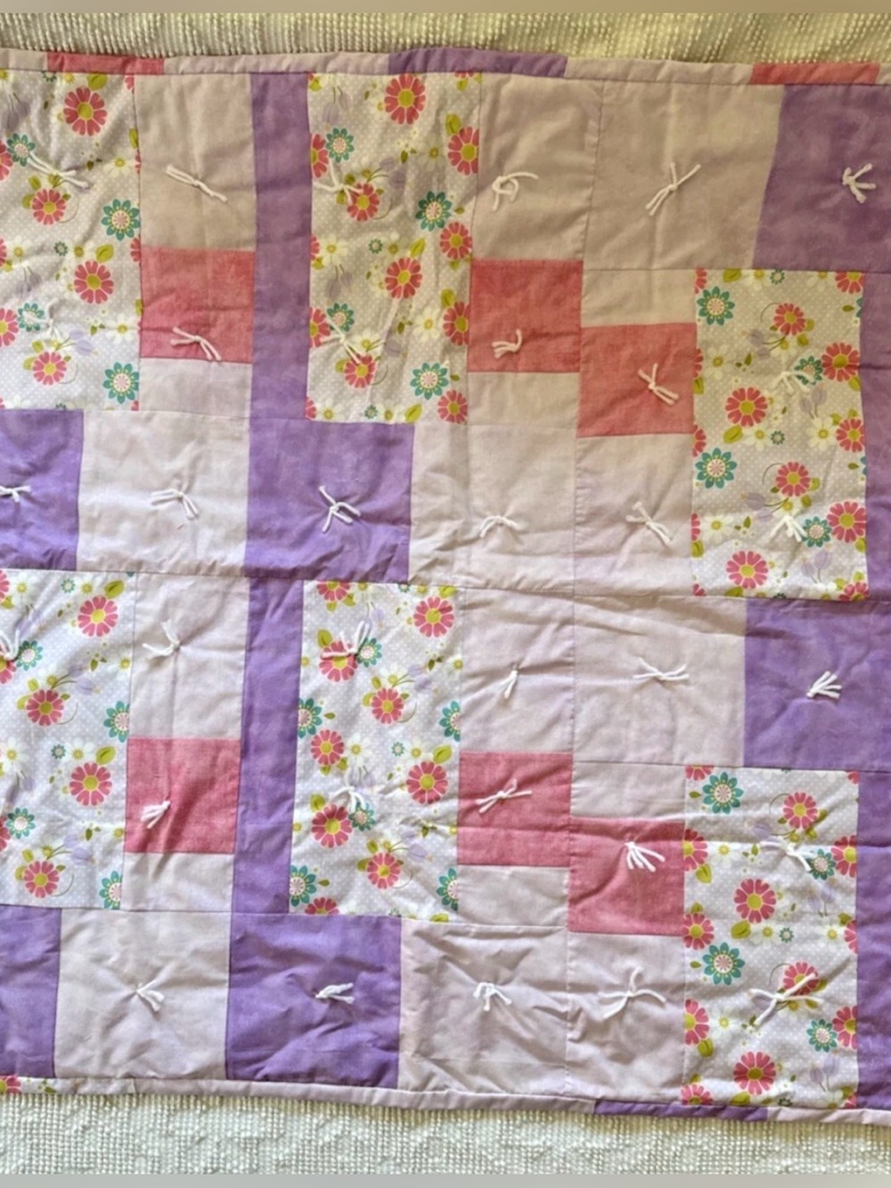 Floral Patchwork Baby Quilt in Pink & Purple 36” Square Handmade